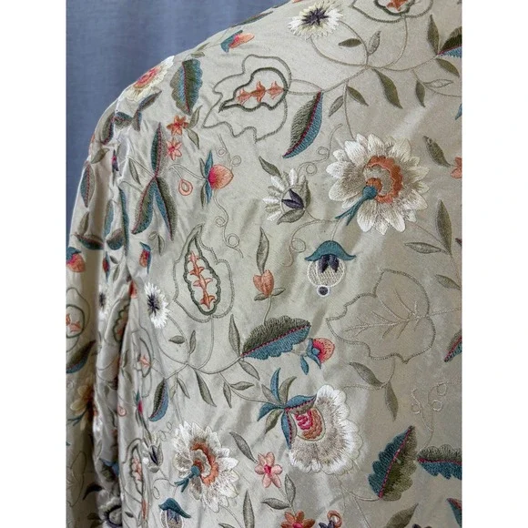 Embroidered Kimono Jacket Beige Floral Open Front Belted Women's M Bohemian - Picture 3 of 13
